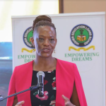 Safaricom PLC, Chief Financial Services Officer, Esther Waititu (left) addresses delegates at the official launch of HELB M-PESA mini app at the Lake Naivasha Resort earlier today.