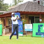 KCB Group Head of Human Resource Japeth Achola tees off during the launch of the 2023 KCB East Africa Golf Tour at the Royal Nairobi Golf Club.