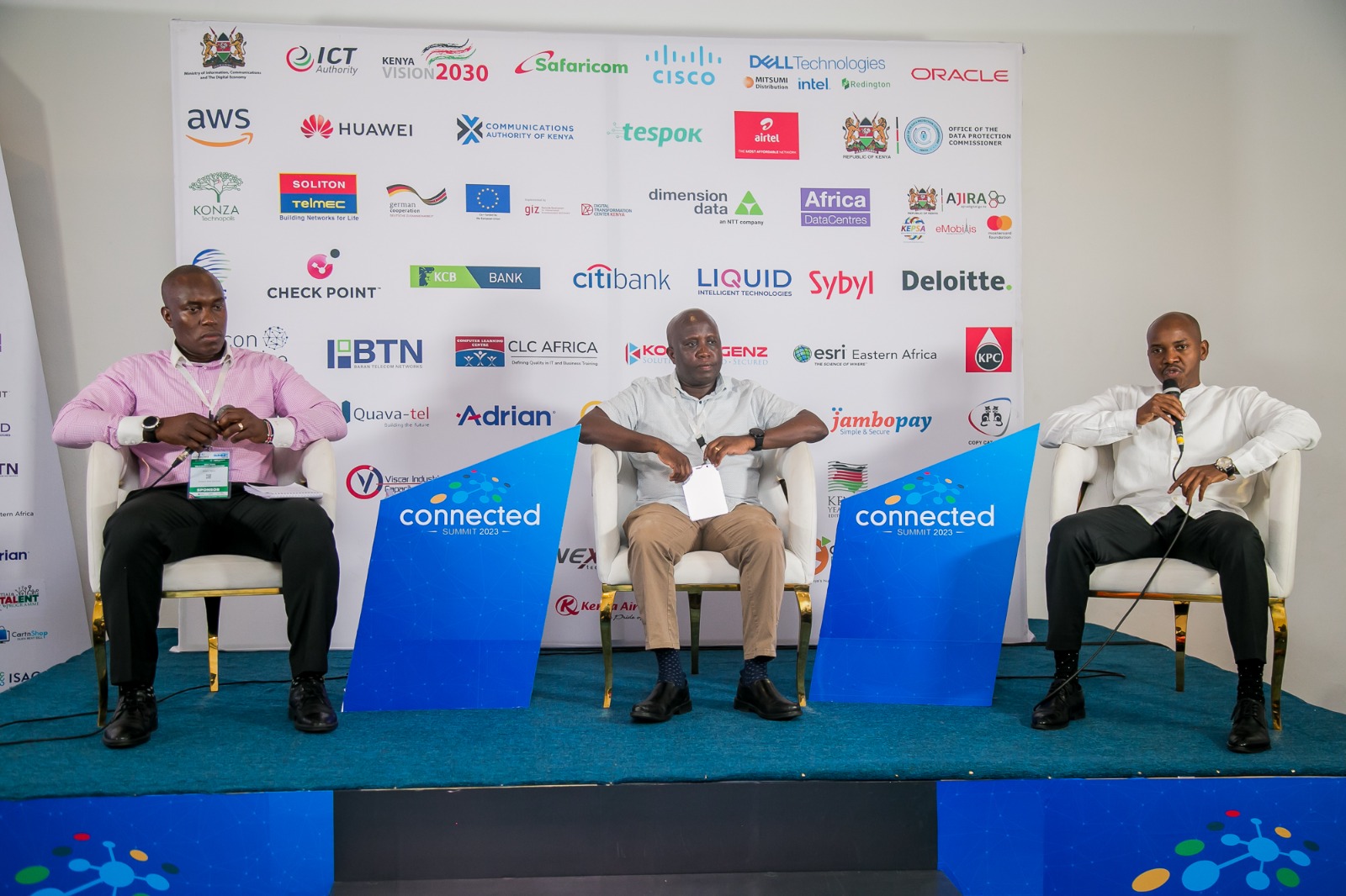 Left to right: Amazon Web Services Regional Lead Sub Saharan africa, Robin Njiru, PS State Department for Information Communications Technology (ICT) and Digital Economy Eng. John Kipchumba Tanui, MBS and ICT Authority CEO, Mr. Stanley Kamanguya at Connected Kenya 2023 held in Diani. Amazon Web Services is set to train 10,000 students, across 10 higher education institutions in Kenya, on AWS Academy in 2023.