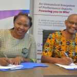 Family Bank Chief Retail Officer Phyllis Kimani & Wylde International Director Kiriinya Kithinji during the MOU signing of a partnership that will see them empower the Bank’s SMEs through capacity-building trainings.