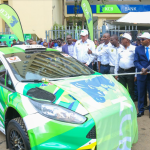 PS State Department of Sports, Youth and Arts Peter Tum alongside KCB Group CEO Paul Russo flags off KCB sponsored driver Karan Patel and CS Namwamba during the unveiling of 2023 WRC Safari Rally sponsorship in Nairobi earlier today.