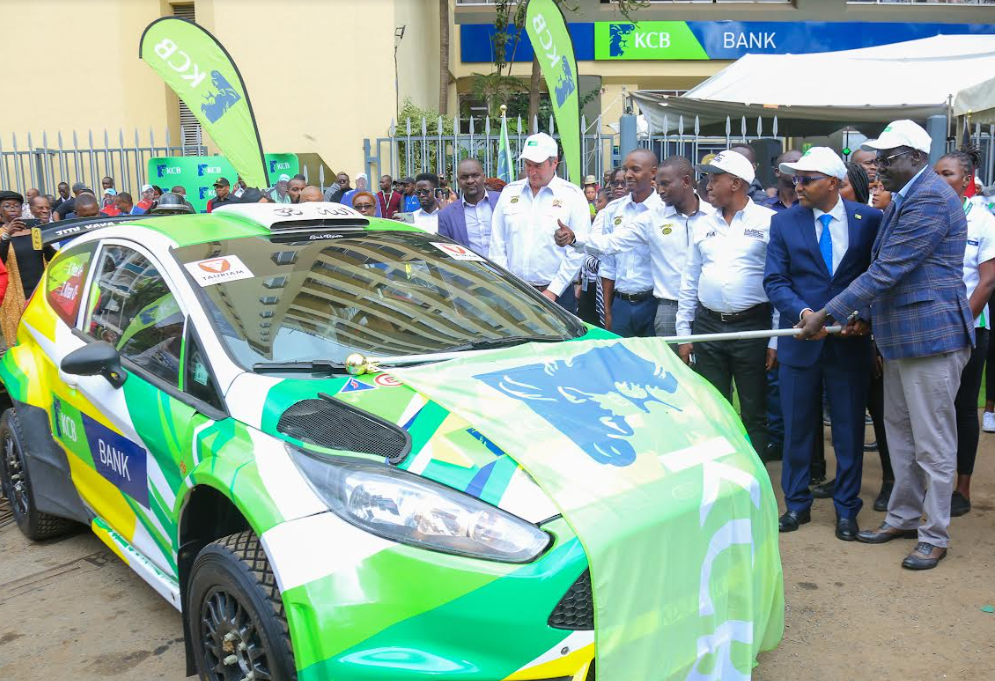 PS State Department of Sports, Youth and Arts Peter Tum alongside KCB Group CEO Paul Russo flags off KCB sponsored driver Karan Patel and CS Namwamba during the unveiling of 2023 WRC Safari Rally sponsorship in Nairobi earlier today.