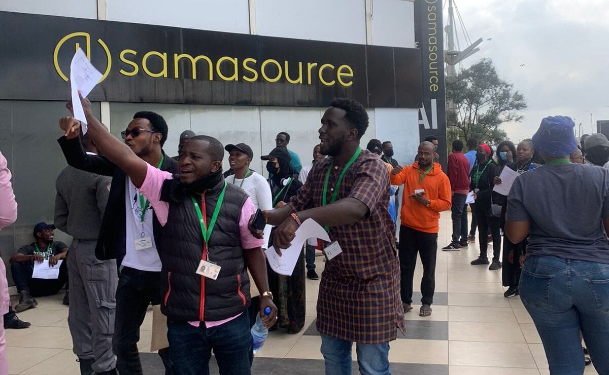 Moderators during a sit-in at Sama offices in Nairobi last week demanding payment of their April salaries. [Photo/ NMG]