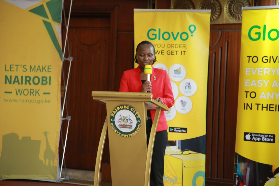 Molly Achieng, Deputy Director, Donor Coordination and Stakeholder Engagement, Nairobi City County speaking during the launch of the mass courier safety training held in partnership with Glovo Kenya on Tuesday, July 25th at Charter Hall, Nairobi.