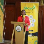Molly Achieng, Deputy Director, Donor Coordination and Stakeholder Engagement, Nairobi City County speaking during the launch of the mass courier safety training held in partnership with Glovo Kenya on Tuesday, July 25th at Charter Hall, Nairobi.
