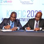 (L-R) Mr. Calvin Nyachoti Chairman, Kenya Pension Funds Investment Consortium (KEPFIC), and Mr. Patrick Kariuki, Chairman of the Fund Managers Association (FMA), sign an MOU to cooperate in boosting pension schemes investment in alternative assets on July 21st, 2023 in Nairobi.