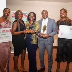 L-R: Edith Gaitho, Relationship Manager - Sidian Bancassurance Intermediary Limited, Abigael Opondo - Asst. Marketing Manager, Naomie Kemei, Senior Manager - Bancassurance, Paul Gitau, Business Support Manager - Sidian Bancassurance Intermediary Limited and Joy Gitau, Bancassurance Officer - Sidian Bancassurance Intermediary Limited at the Think Business Insurance Awards at Movenpick Hotel in Westlands.