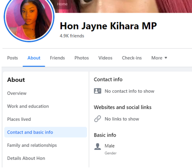 Fake account of MP Jayne Kihara