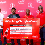 From Left: CEO of Coastal Bottlers Kenya Seth Adu-Baah, Ksh 1 Million Winner Samuel Gitonga, content creator Crazy Kennar and Coca-Cola Kenya Franchise Director Theuri Chege during the cheque presentation to one of the winners of the Kachingching na Coke campaign.