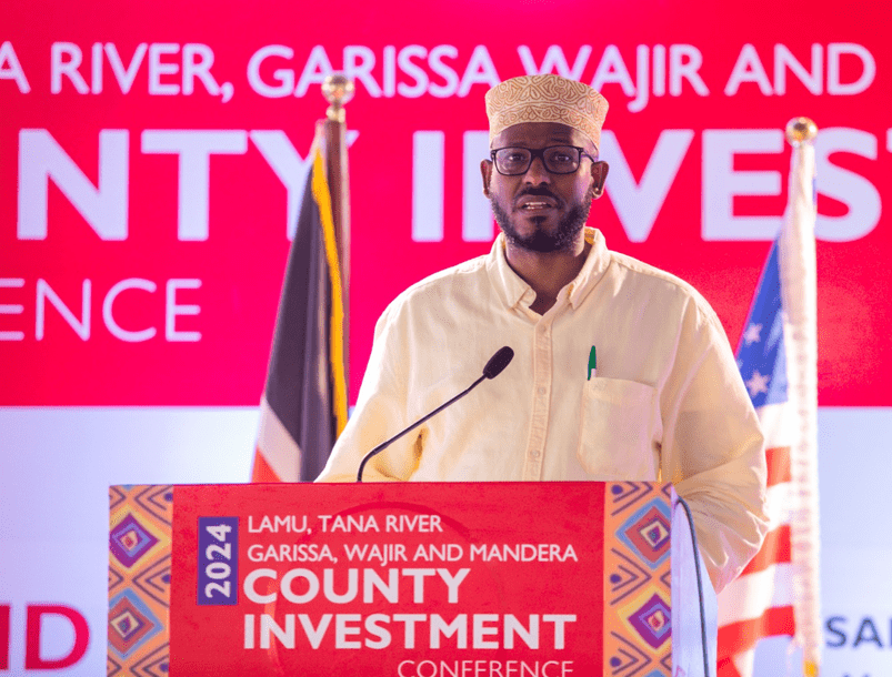 Wajir Governor Ahmed Abdullahi speaking at the Lamu, Tana River, Garissa, Wajir and Mandera County Investment Conference in Lamu earlier in the year.
