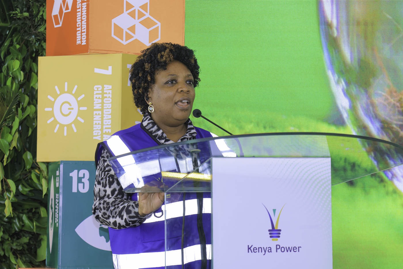 The Chairman of the Kenya Power Board of Directors, Joy Brenda Masinde speaking during the launch of the Kenya Power Sustainability Strategy.