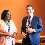 Angela Sanja - Access to Energy Sales Manager, Schneider East Africa and Thomas Bonicel - Access to Energy Commercial Director, Middle East & Africa, Schneider during a press conference on the sidelines of the Alliance for Rural Electrification Energy Access Investment Forum (EAIF) in Uganda