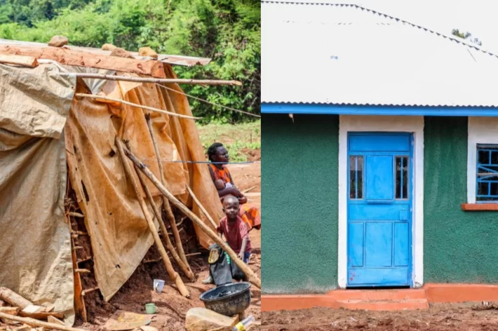 Before and after photos of the widows house built by Dr Raymond Omollo's Widow Empowerment Program