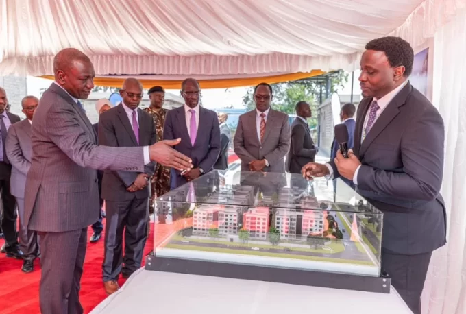 President William Ruto inspects a model of the CBK Police Housing Complex