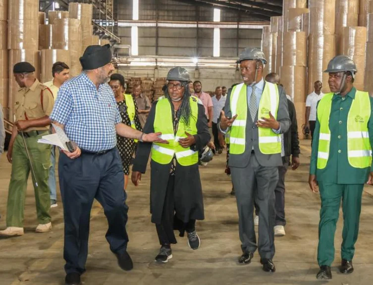 Cabinet Secretary for Investment and Industry Lee Kinyanjui when he toured Kibos Sugar and Allied Industries in Kisumu.