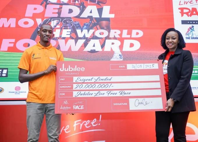From L James Kiargu of Grand Nairobi Bike Race (GNBR) and Caroline Ndungu, Group Head of Marketing and Corporate Communications - Jubilee Holdings, during the official launch of the 5th edition of the Jubilee Live Free Race at Jubilee Holding HQ in Upperhill, Nairobi