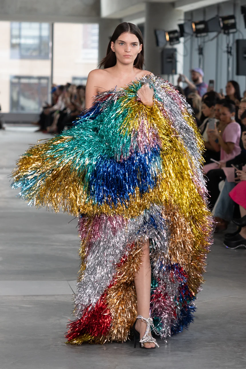 Creative director Nicholas Aburn brought the party for his debut with Area, including this gown entirely made of tinsel. Courtesy Area Creative director Nicholas Aburn brought the party for his debut with Area, including this gown entirely made of tinsel. Courtesy Area