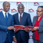 Equity Bank CEO Centre Dr James Mwangi with other top bank officials during the Q3 Results Briefing