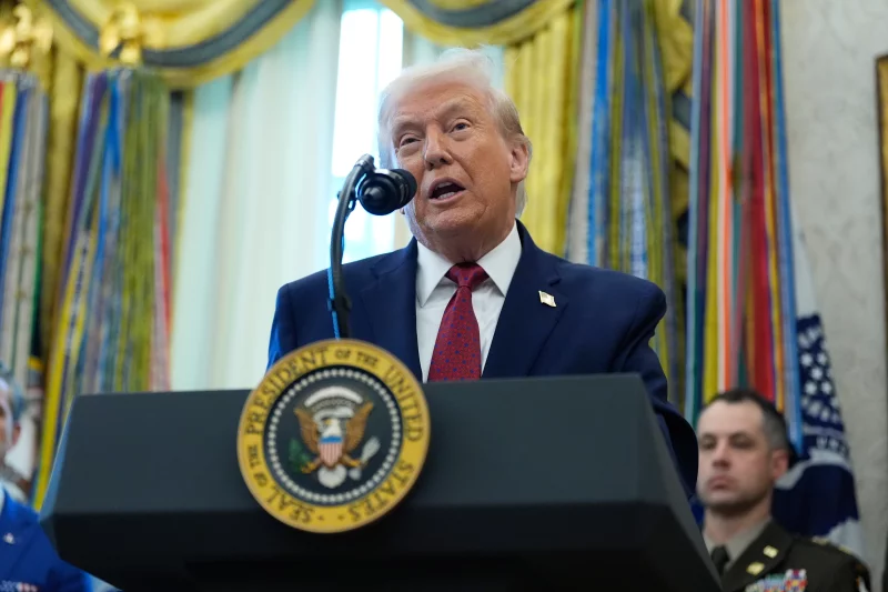 President Donald Trump speaks during a Mexican Border Defense Medal presentation in the Oval Office of the White House, Monday, Dec. 15, 2025, in Washington. Alex Brandon/AP download