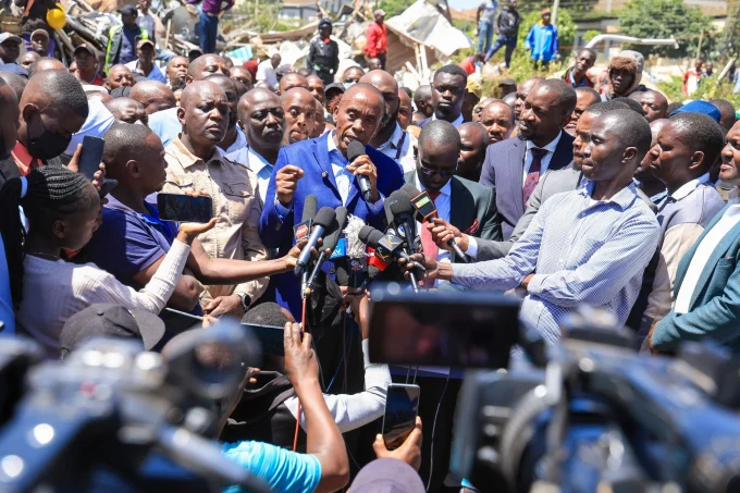 Kiambu Governor Kimani Wamatangi addresses the press after his car wash business was demolished