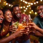 People enjoying beverages in a celebratory mood