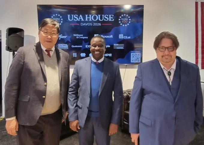 SCC Fund SP Fund CEO Dr Yutaka Niihara with Nairobi International Financial Centre Authority CEO Mr Daniel Mainda and the Founder and Managing Partner of ChainBLX SPC Mr Karl Seelig at the USA House in Davos