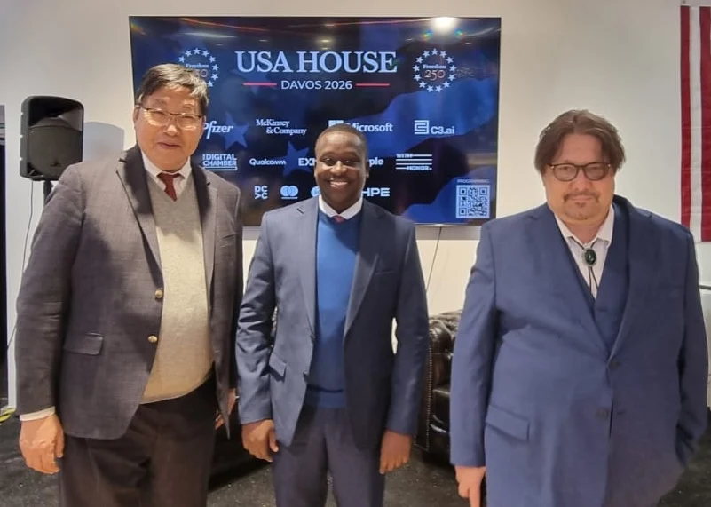 SCC Fund SP Fund CEO Dr Yutaka Niihara with Nairobi International Financial Centre Authority CEO Mr Daniel Mainda and the Founder and Managing Partner of ChainBLX SPC Mr Karl Seelig at the USA House in Davos