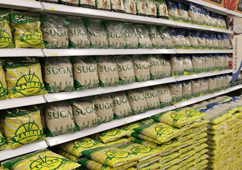 Sugar on shelves in a supermarket