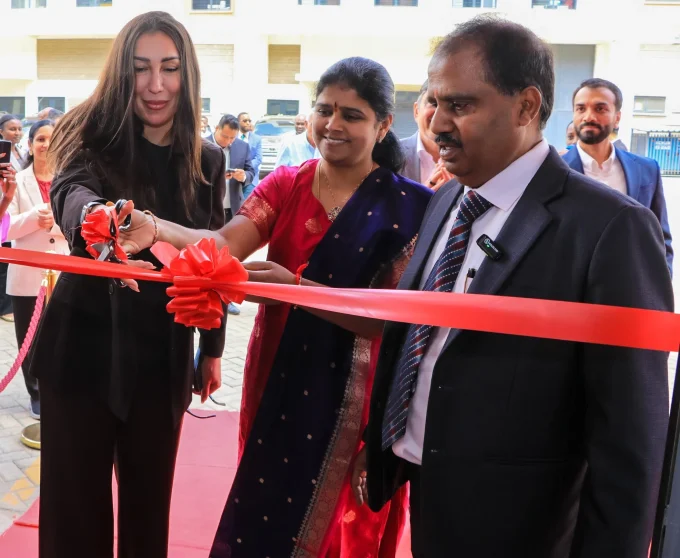 Ms. Afaf Kontar, Chief Executive Officer of AHI Carrier (right), joins Kishore Reddy, Managing Director of North Star Cooling Systems (left), in cutting a ribbon to officially unveil the first dealer-based Carrier and Toshiba HVAC showroom in Nairobi, launched in partnership with North Star Cooling Systems.