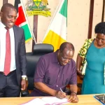 CS Wyclife Oparanya, Senator Magret Kamar and Eldoret Deputy Governor after the consultative meeting on MUSCCO