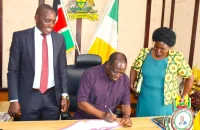 CS Wyclife Oparanya, Senator Magret Kamar and Eldoret Deputy Governor after the consultative meeting on MUSCCO