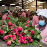 Floriculture farmers arranging roses.