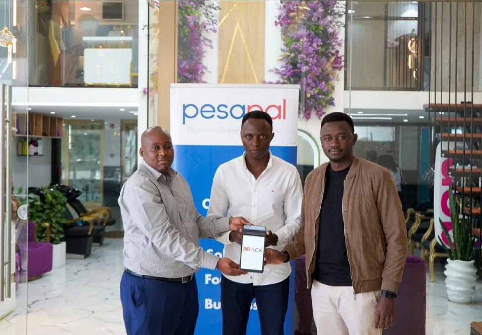 From left, Kevin Khaemba, Chief Commercial Officer Pesapal, Ferdinand Eloto, Co founder Rack and Derrick Matheka, CO founder Rack at Lana Plaza, Nairobi