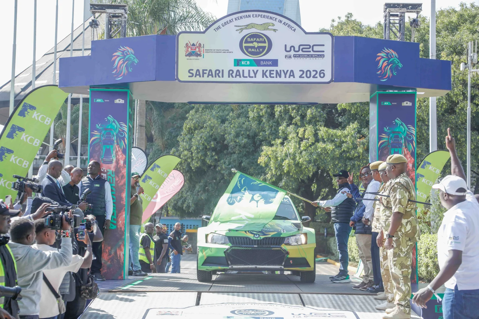 KCB Group CEO Paul Russo flags off Karan Patel, one of the KCB-sponsored rally drivers during the ceremonial start at the official launch of the 2026 KCB WRC Safari Rally Sponsorship at KICC, Nairobi on February 10, 2026