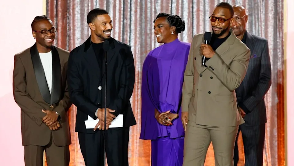 Miles Caton, Michael B. Jordan, Wunmi Mosaku, host Jay Pharoah, and Delroy Lindo speak onstage during The Critics Choice Association’s 8th annual celebration of Black Cinema & Television at Fairmont Century Plaza on December 09, 2025 in Los Angeles, California. (Photo by Leon Bennett/Getty Images for Critics Choice Association)