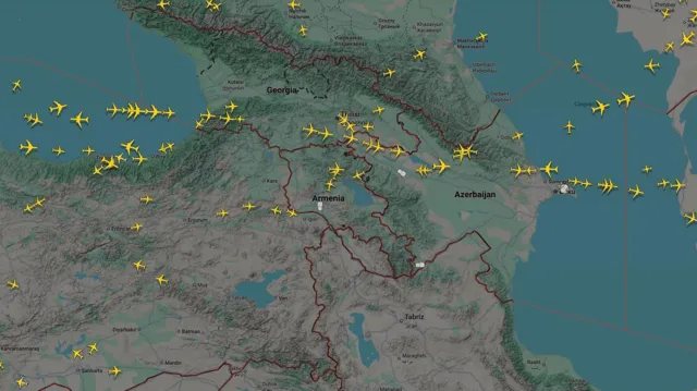 Late on Friday Flightradar24 data shows planes using northern Azerbaijan's airspace but not flying over the south of the country