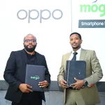 Mogo Head of Device Sales, Fred Muoka, together with OPPO Kenya's National Distributor, Deeq Bure, at the official MoU signing ceremony. PHOTO | Business Today.