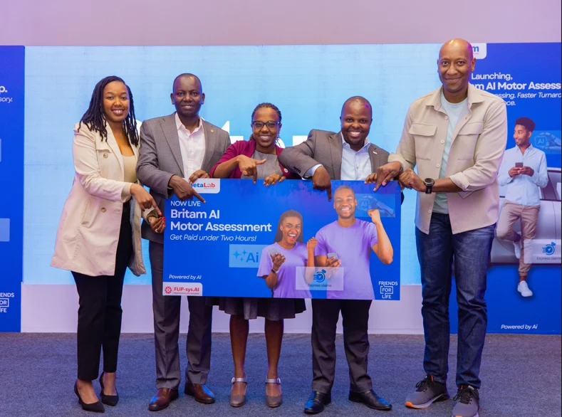 Britam General Insurance CEO & Principal Officer James Mbithi (second right) and Britam Connect CEO & Principal Officer (third right) lead the Britam team during the launch of the Britam AI Motor Assessment Service.