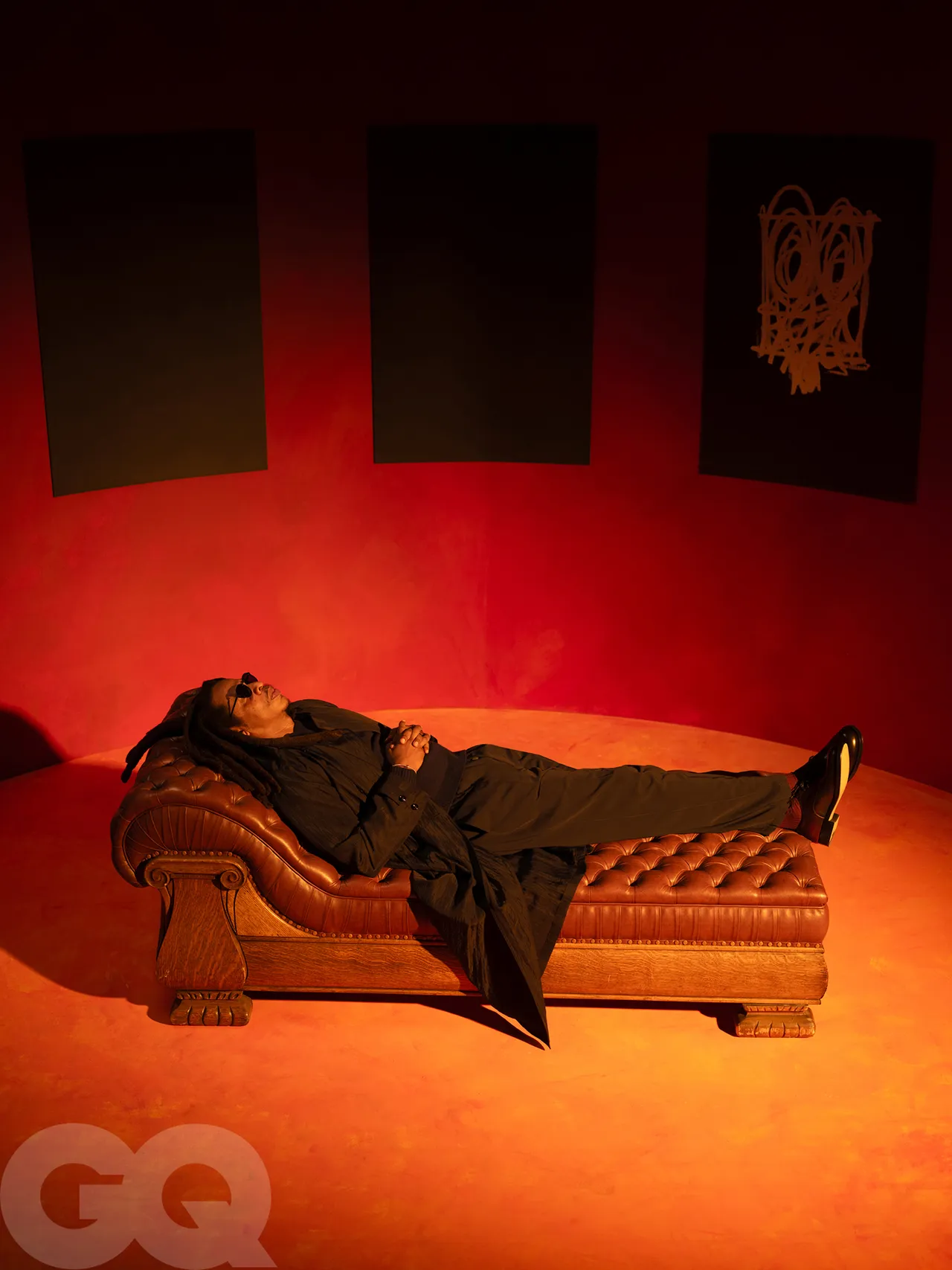 Coat by Giorgio Armani. Sweater by Factor’s. Pants by Dolce & Gabbana. Shoes (throughout) by Dries Van Noten. Socks (throughout) by Falke. Sunglasses by Mykita. Bracelet, his own. Ring by Graff.