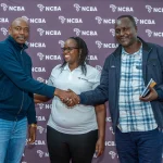 Shadrack kisiero, Seed Maize Farmer Trans Nzoia(left), Susan Ndungu Head, SME Banking NCBA and Wilson Saina, Production Officer, Kenya Seed