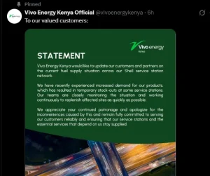  A statemnet released by Vivo energy