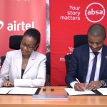 Airtel Money MD Anne Kinuthia Otieno and Absa Bank Kenya Business Banking Director Renato D’Souza signing the partnership