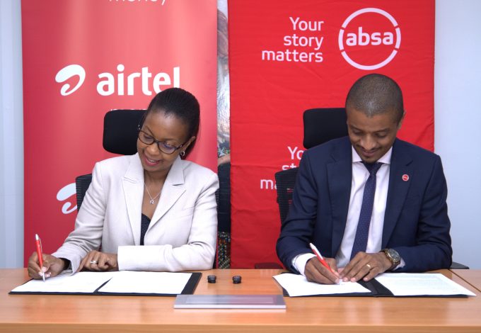 Airtel Money MD Anne Kinuthia Otieno and Absa Bank Kenya Business Banking Director Renato D’Souza signing the partnership