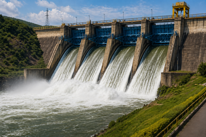 Controlled release of water from a dam