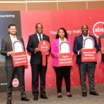 Absa Bank Kenya CEO Abdi Mohamed (2nd from Left), Business Banking Director Renato D’souza (1st right), Avenue Leasing CEO Raj Shah, Hello Tractor Customer Esther Musyoki and Isuzu EA Director Regional Sales Kevin Ochieng during the relaunch
