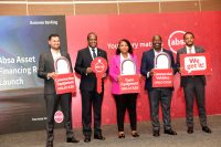 Absa Bank Kenya CEO Abdi Mohamed (2nd from Left), Business Banking Director Renato D’souza (1st right), Avenue Leasing CEO Raj Shah, Hello Tractor Customer Esther Musyoki and Isuzu EA Director Regional Sales Kevin Ochieng during the relaunch