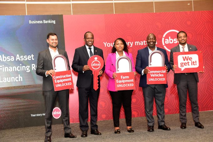 Absa Bank Kenya CEO Abdi Mohamed (2nd from Left), Business Banking Director Renato D’souza (1st right), Avenue Leasing CEO Raj Shah, Hello Tractor Customer Esther Musyoki and Isuzu EA Director Regional Sales Kevin Ochieng during the relaunch