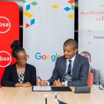 Absa Bank Kenya Business Banking Director Renato D'Souza (right) and Google Product Marketing Manager, Brand and Reputation, Sub-Saharan Africa, Monica Kang'uru, during the signing of a strategic partnership