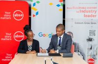 Absa Bank Kenya Business Banking Director Renato D'Souza (right) and Google Product Marketing Manager, Brand and Reputation, Sub-Saharan Africa, Monica Kang'uru, during the signing of a strategic partnership