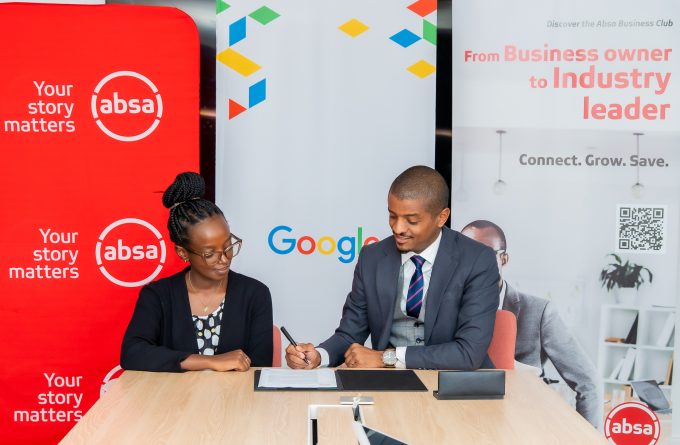 Absa Bank Kenya Business Banking Director Renato D'Souza (right) and Google Product Marketing Manager, Brand and Reputation, Sub-Saharan Africa, Monica Kang'uru, during the signing of a strategic partnership